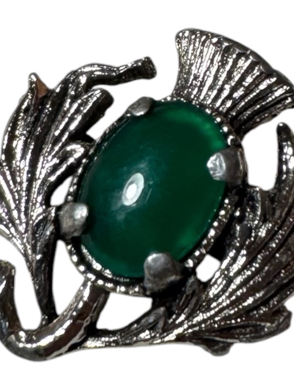 Emerald Green Cabochon Silver Leaf Brooch - Unknown Brand